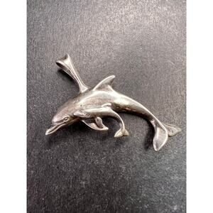 Vintage Sterling Silver Dolphin & Calf Pendant Charm Dead Stock